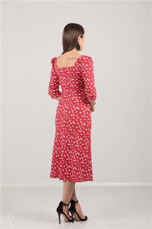 Flower Pattern Slit Detailed Dress - Red