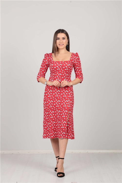 Flower Pattern Slit Detailed Dress - Red