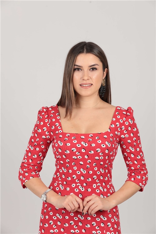 Flower Pattern Slit Detailed Dress - Red