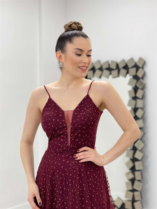 فستان متوسط الطول بطبعات لامعة بنقشة الزهور - بورجوندي