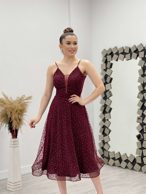 فستان متوسط الطول بطبعات لامعة بنقشة الزهور - بورجوندي