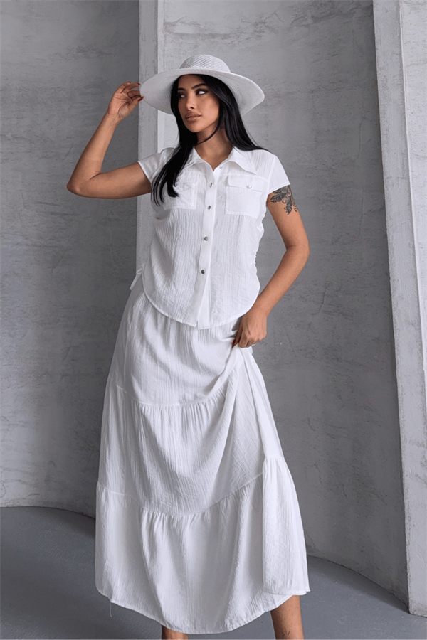 Çilek Kumaş Etekli Takım - BEYAZ