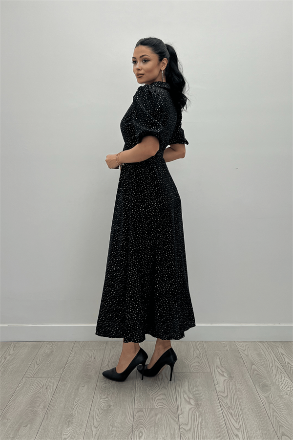 Cotton Kumaş Düğme Detaylı Gömlek Elbise - SİYAH