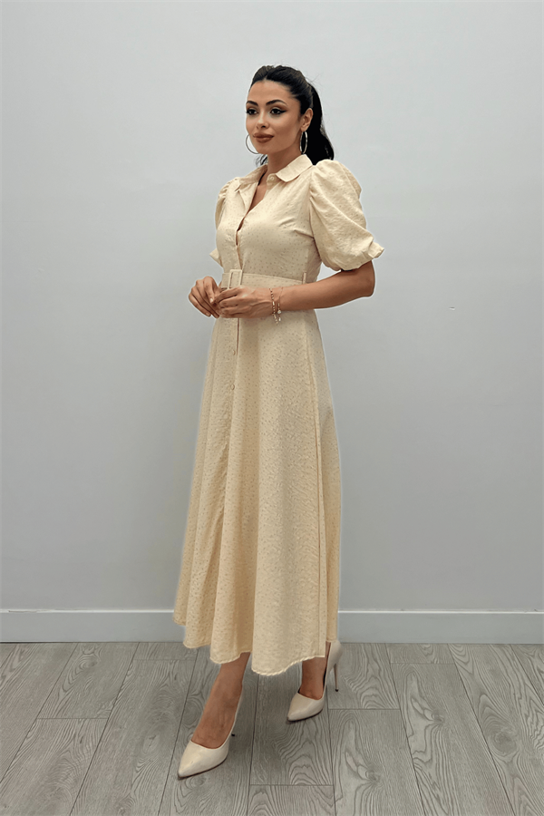 Cotton Kumaş Düğme Detaylı Gömlek Elbise - KREM