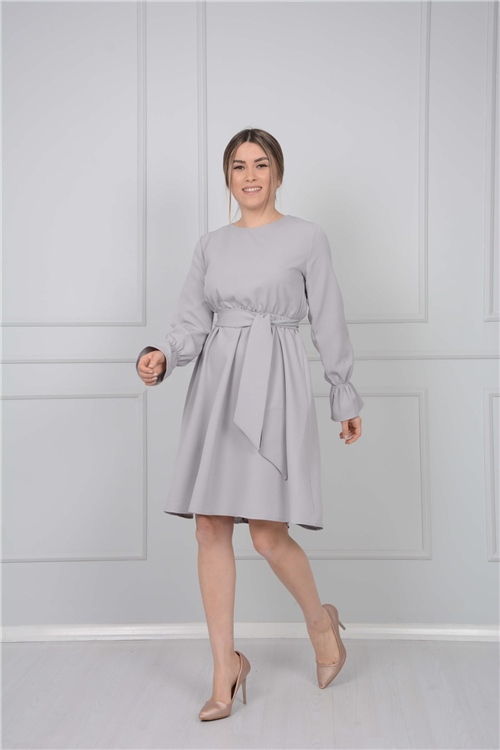 Crepe Fabric Elastic Waist Dress - Gray