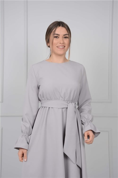 Crepe Fabric Elastic Waist Dress - Gray