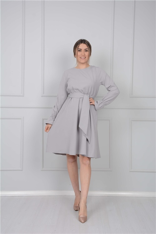 Crepe Fabric Elastic Waist Dress - Gray