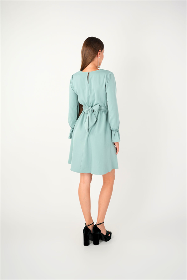 Crep Kumaş Bel Lastik Elbise - Mint Yeşili