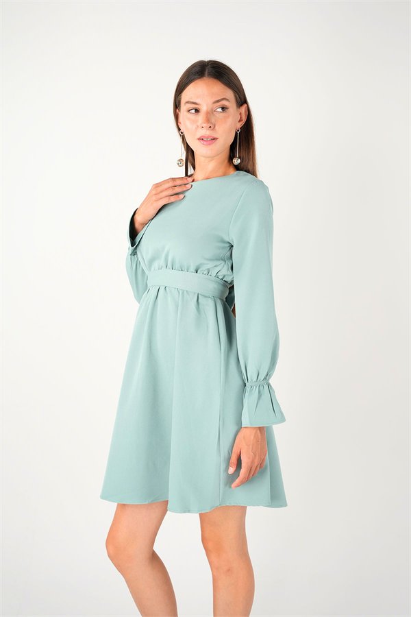 Crep Kumaş Bel Lastik Elbise - Mint Yeşili
