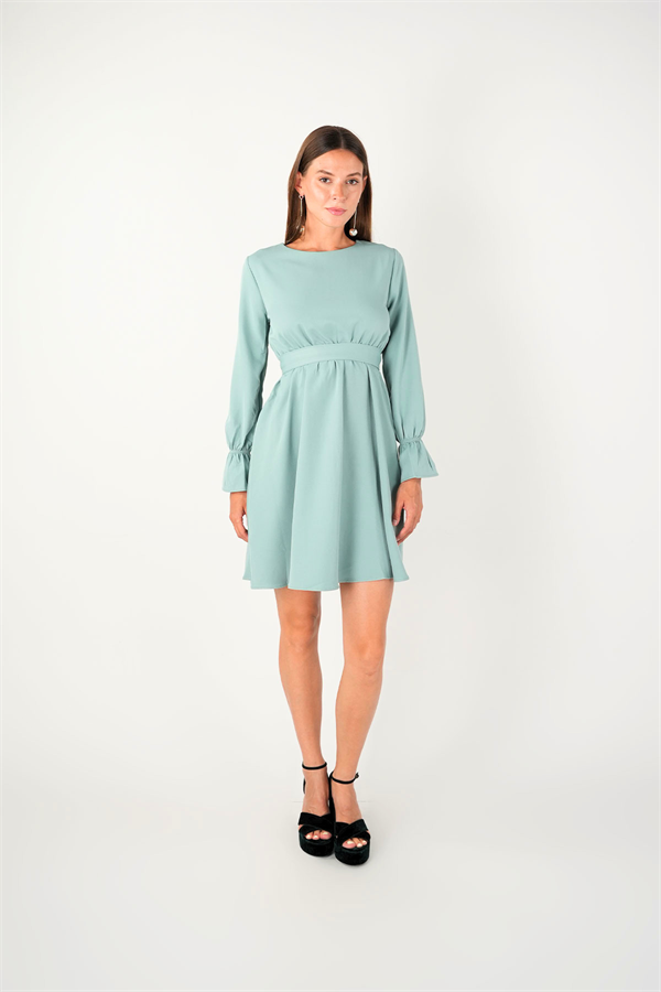Crep Kumaş Bel Lastik Elbise - Mint Yeşili