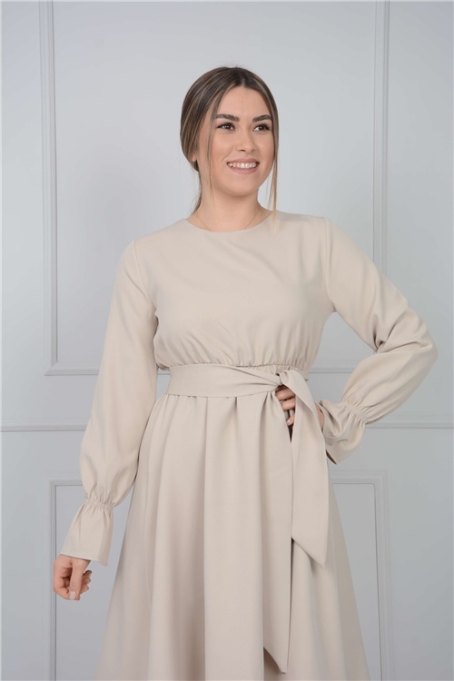 Crepe Fabric Elastic Waist Dress - Mink Color