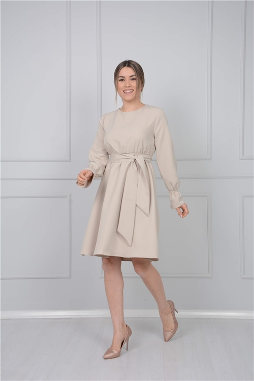 Crepe Fabric Elastic Waist Dress - Mink Color