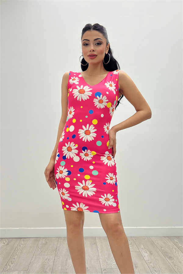 Crepe Fabric Flower Pattern Dress - Pomegranate Flower Color