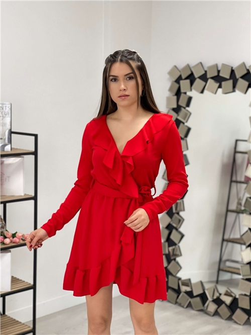 Crepe Fabric Ruffled Mini Dress - Red