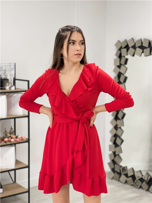 Crepe Fabric Ruffled Mini Dress - Red