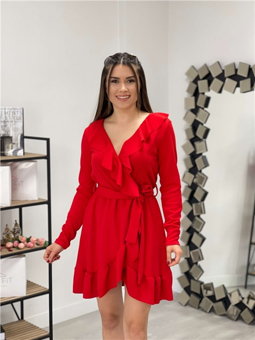 Crepe Fabric Ruffled Mini Dress - Red