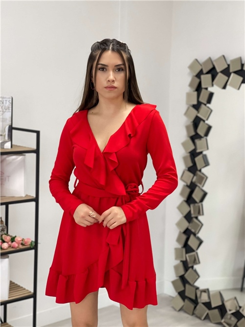 Crepe Fabric Ruffled Mini Dress - Red