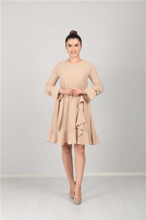 Crepe Fabric Ruffled Spotty Dress - Beige