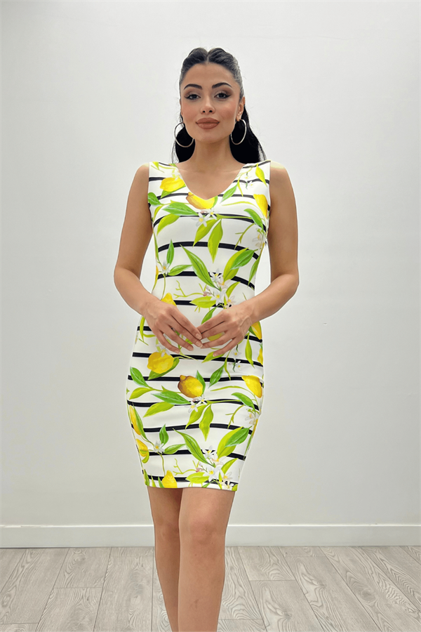 Crepe Fabric Lemon Detailed Dress                                            - White
