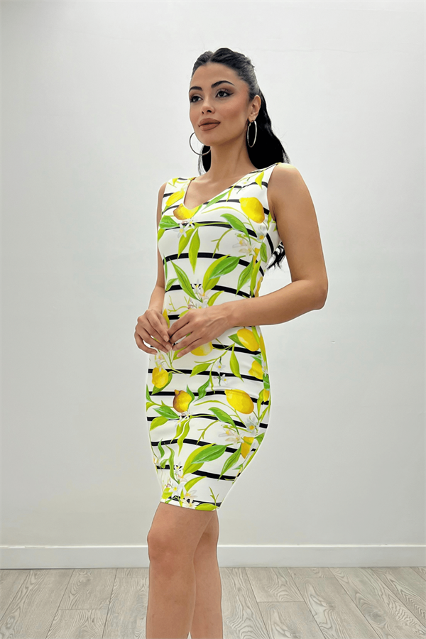 Crepe Fabric Lemon Detailed Dress                                            - White