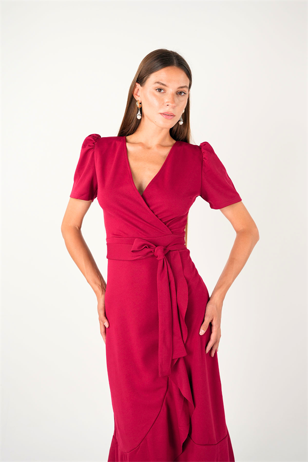 Crep Kumaş Midi Elbise  - BORDO