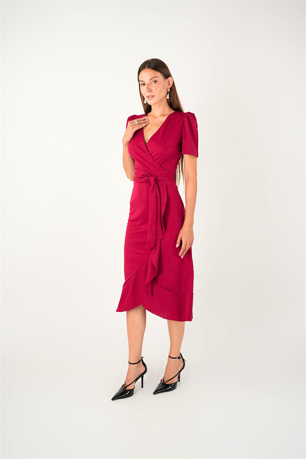 Crep Kumaş Midi Elbise  - BORDO
