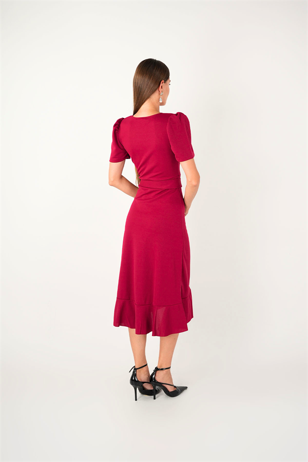 Crep Kumaş Midi Elbise  - BORDO