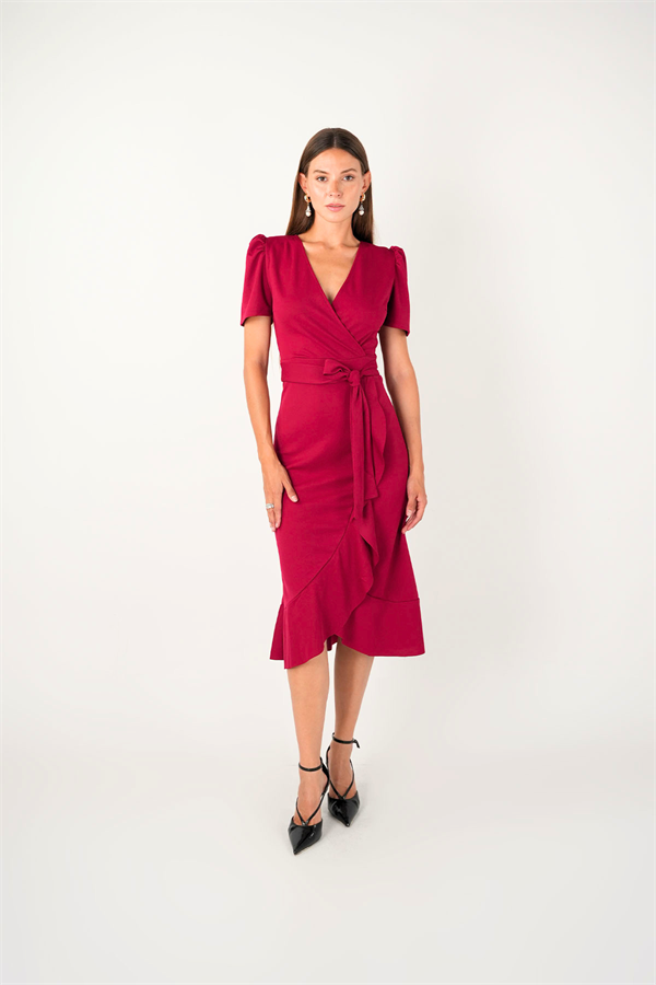 Crep Kumaş Midi Elbise  - BORDO