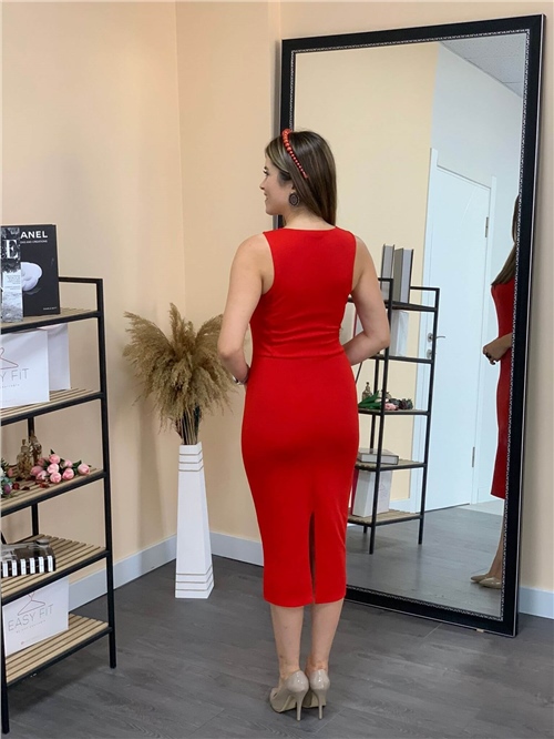 Crepe Fabric Sleeveless Dress - Red