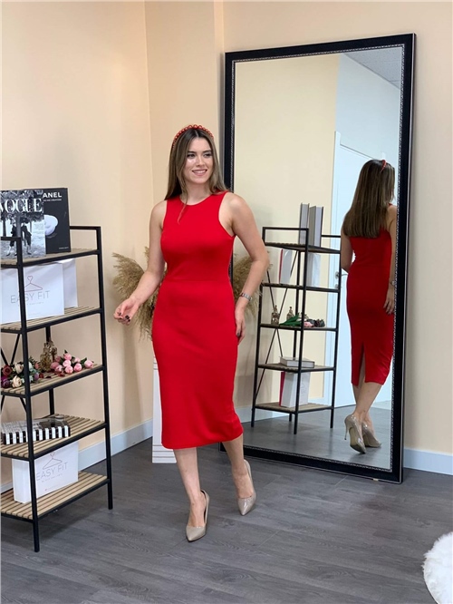 Crepe Fabric Sleeveless Dress - Red