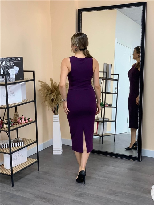 Crepe Fabric Sleeveless Dress - Eggplant Color