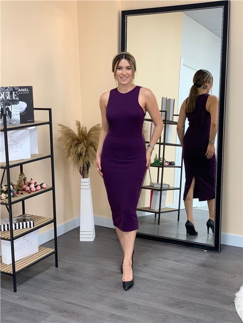 Crepe Fabric Sleeveless Dress - Eggplant Color