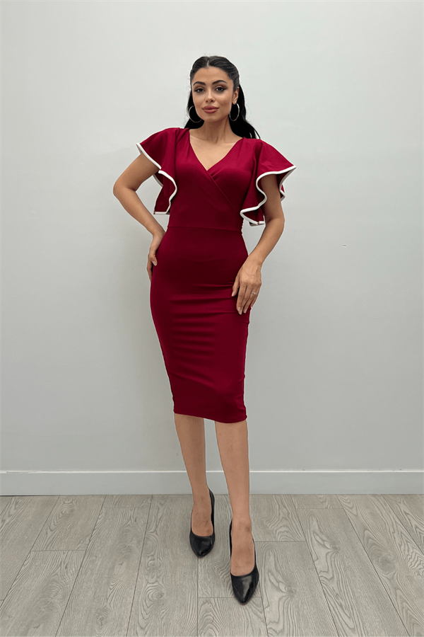 فستان مكشكش من قماش الكريب - بورجوندي