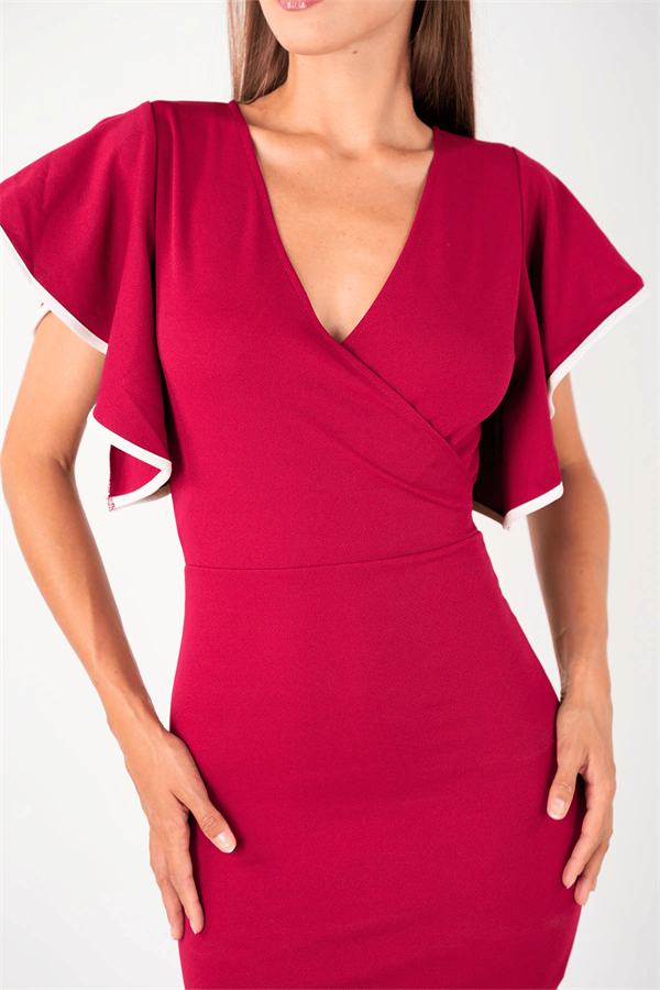 Crep Kumaş Volanlı Elbise - Bordo