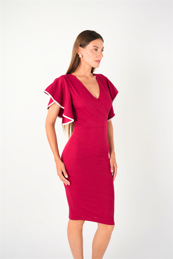 Crep Kumaş Volanlı Elbise - Bordo