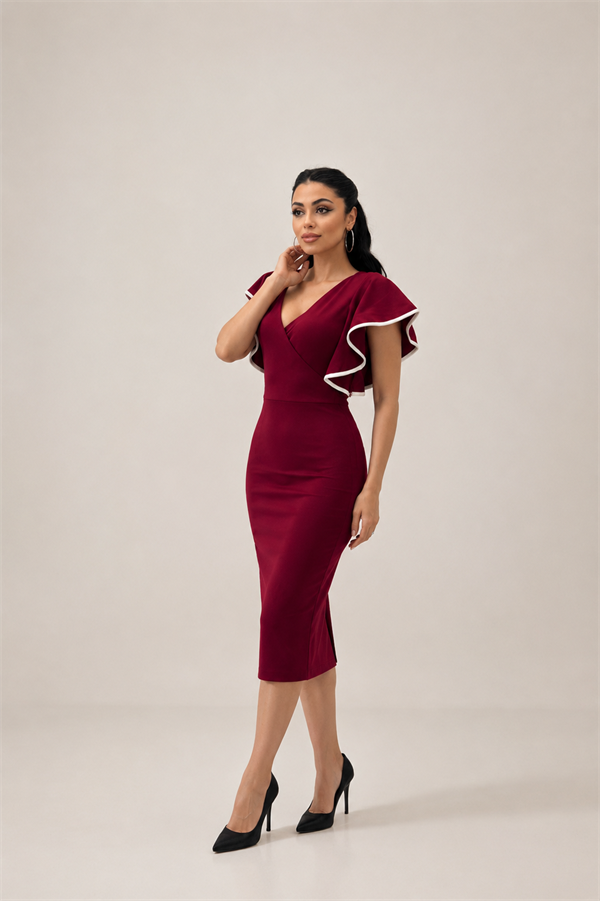 Crep Kumaş Volanlı Elbise - Bordo