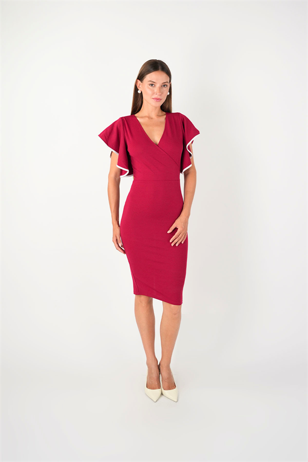 Crep Kumaş Volanlı Elbise - Bordo