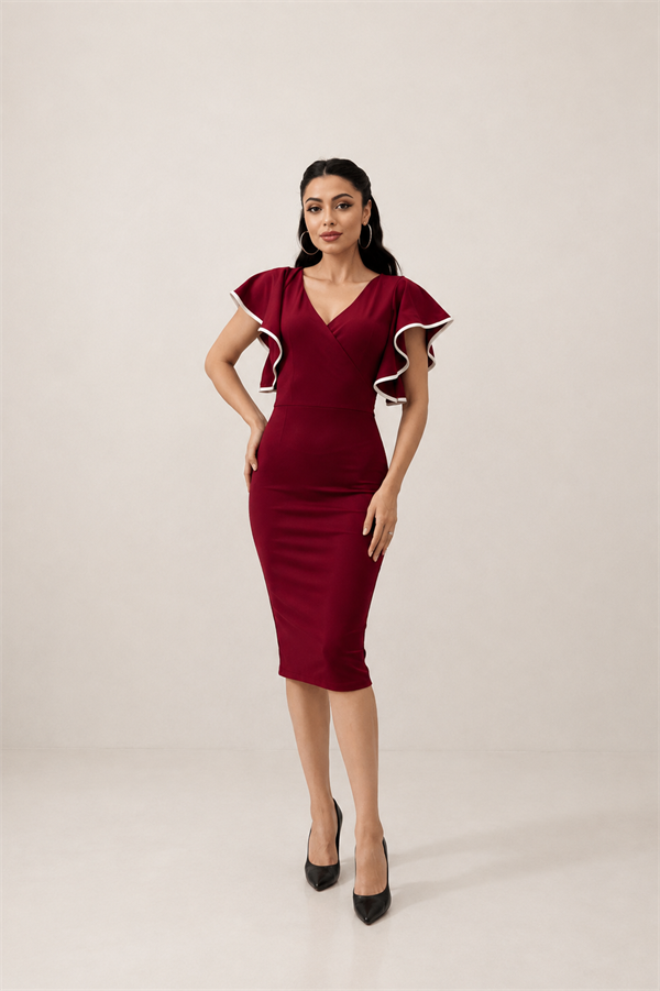 Crep Kumaş Volanlı Elbise - Bordo