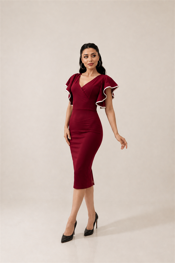 Crep Kumaş Volanlı Elbise - Bordo