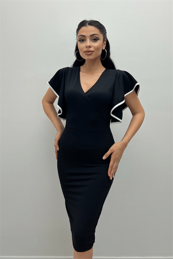 فستان مكشكش من قماش الكريب - الأسود