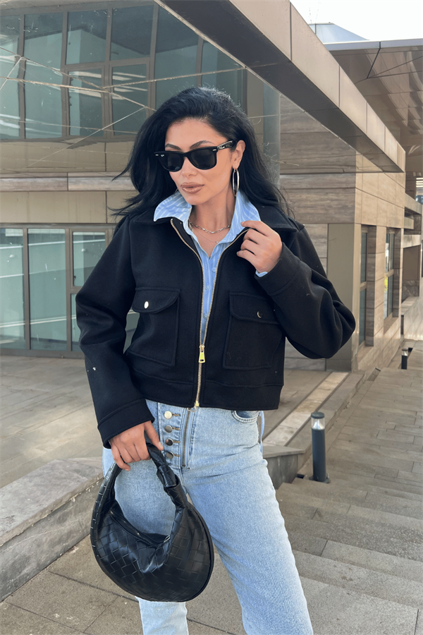 Crop Kaşe Ceket - SİYAH