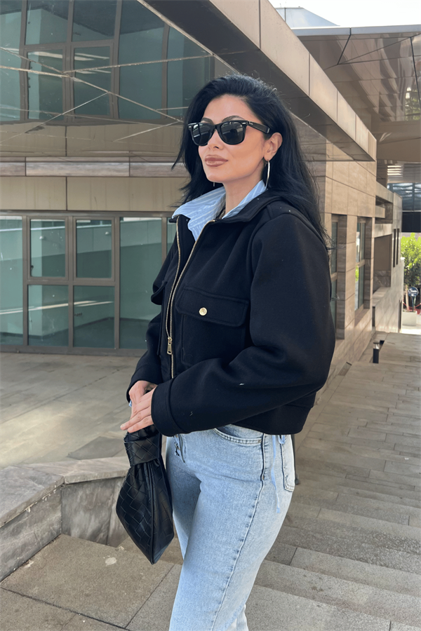 Crop Kaşe Ceket - SİYAH