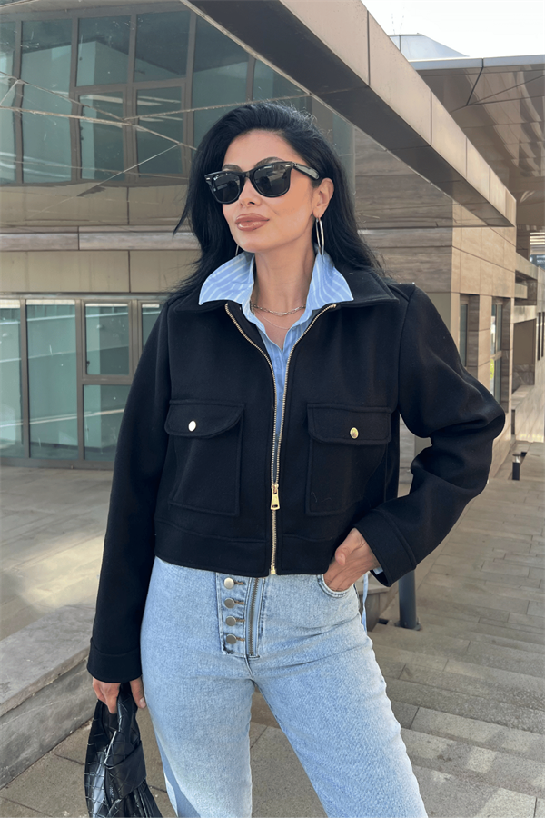 Crop Kaşe Ceket - SİYAH