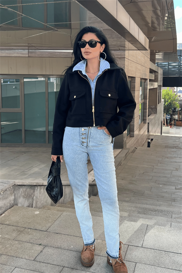 Crop Kaşe Ceket - SİYAH