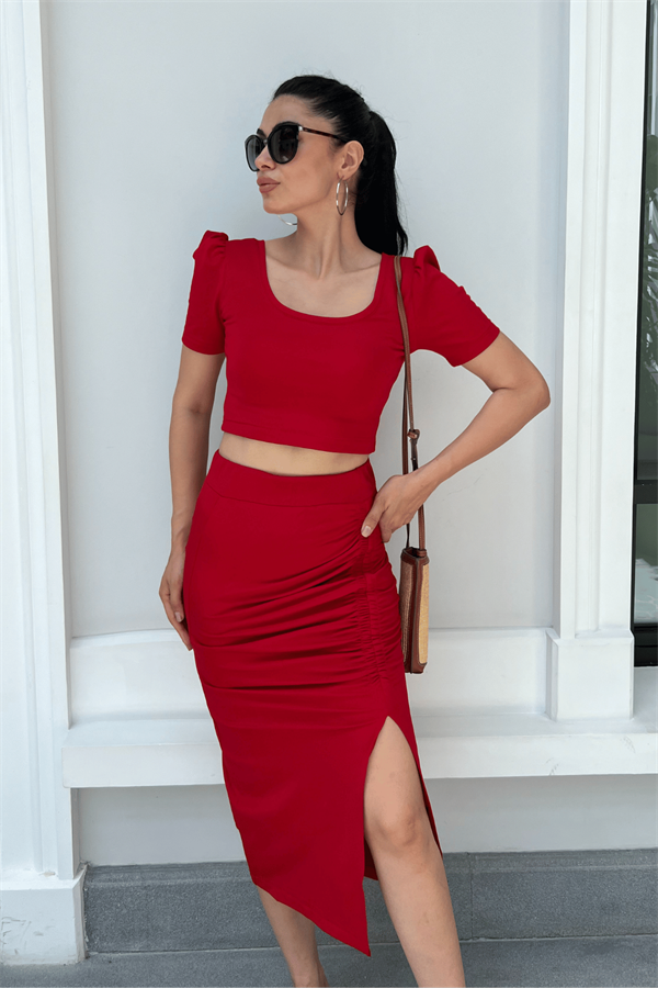 بدلة مزدوجة من قماش الغوص - أحمر