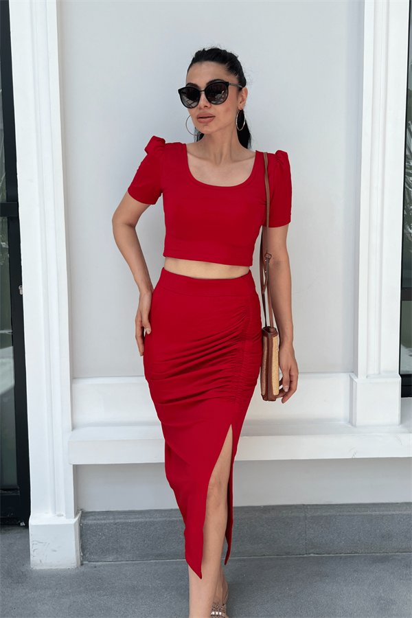 بدلة مزدوجة من قماش الغوص - أحمر