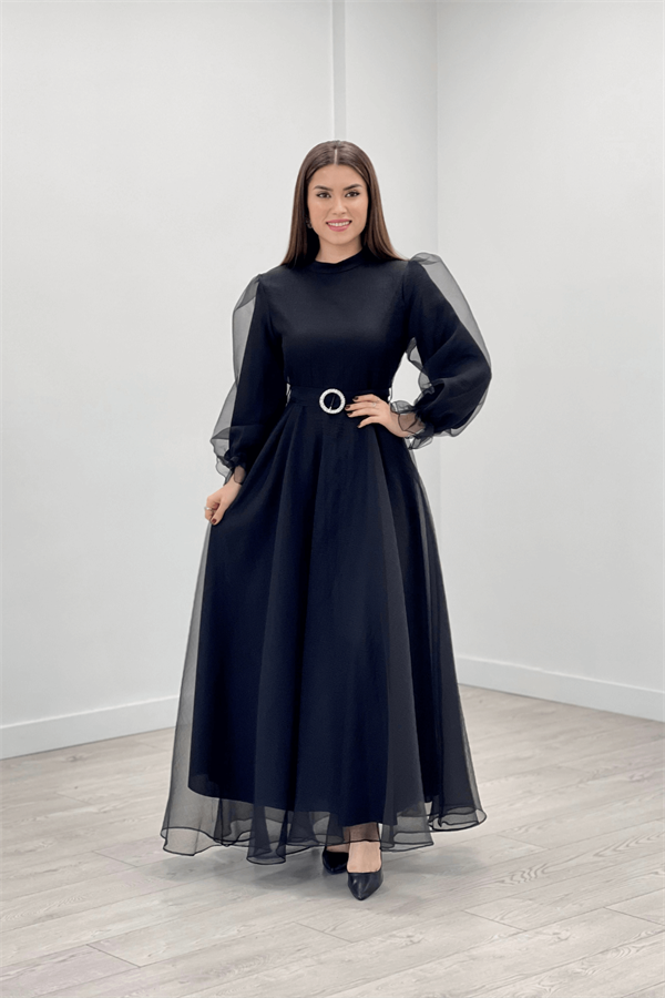 Dalya Organza Fabric Evening Dress - BLACK