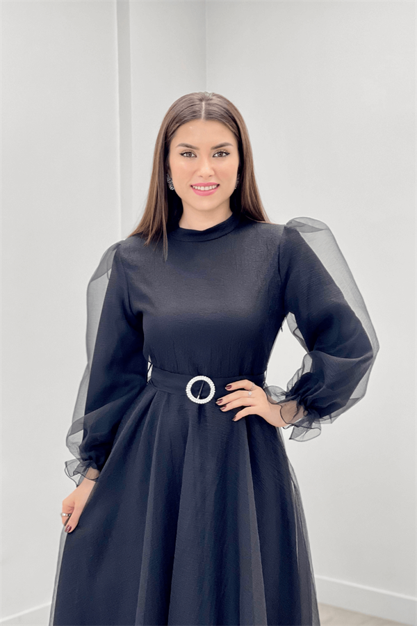 Dalya Organza Fabric Evening Dress - BLACK