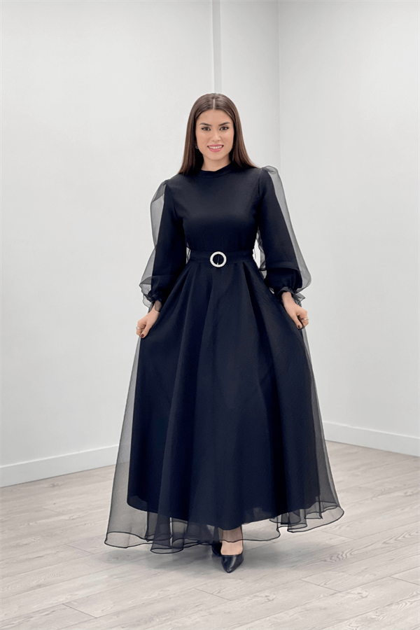 Dalya Organza Fabric Evening Dress - BLACK