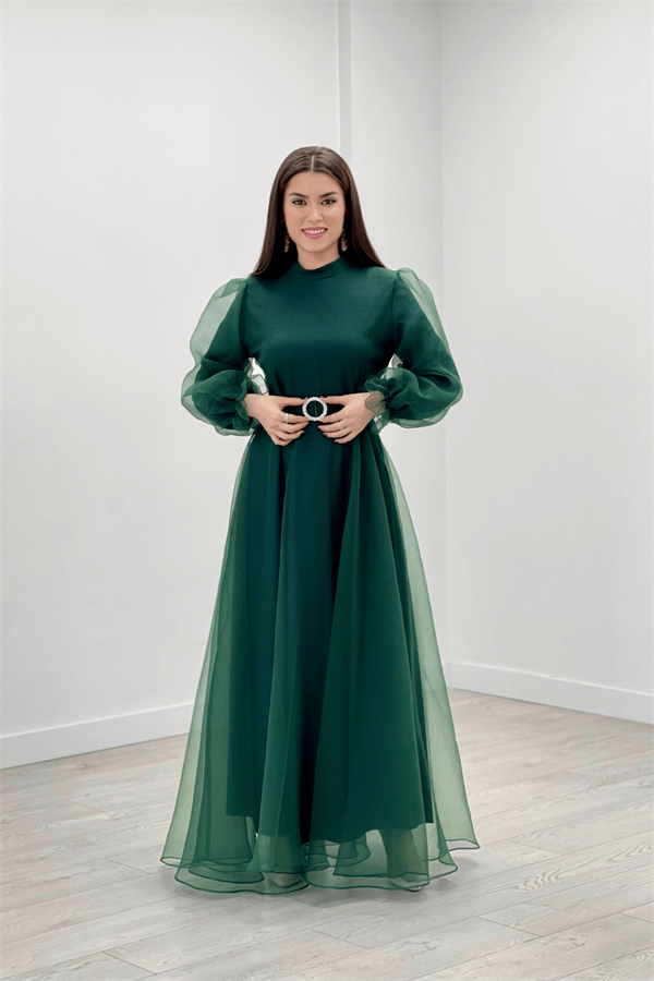Dalya Organza Fabric Evening Dress - EMERALD GREEN